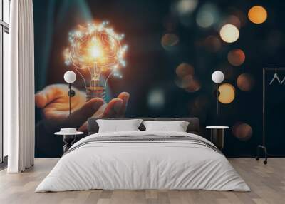 A hand holding a glowing light bulb with a brain icon, symbolizing innovative ideas and creativity in technology and design Wall mural