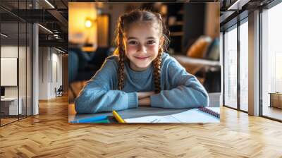 A joyful girl enjoying creative time at the table in a cozy, brightly lit room Wall mural