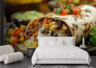 Mouthwatering burrito with black beans and beef topped with cheese and fresh veggies on a plate, surrounded by delicious Mexican dishes Wall mural