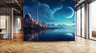 night landscape of a mosque on the coast against the background of a blue sky with a big moon Wall mural