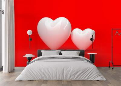 3d render, 2 white heart red background Valentine's day love Wall mural