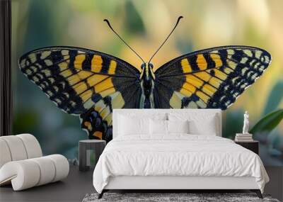 A beautiful black and yellow butterfly perched on flowers in a sunny garden during the spring season Wall mural