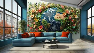 A beautiful globe surrounded by colorful flowers and greenery, symbolizing nature's vitality and global connectivity in a vibrant display Wall mural