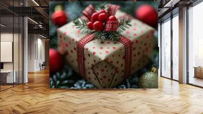 A beautifully wrapped Christmas gift adorned with red decorations sits among festive holiday decorations on a wintery surface Wall mural