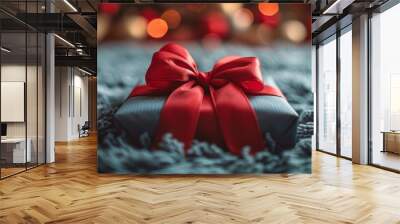 A beautifully wrapped gift with a red ribbon sits on a plush blue rug, illuminated by festive lights in the background during a cozy holiday gathering Wall mural