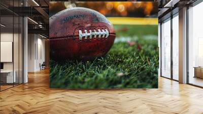 A close-up of a worn football resting on green grass during autumn in a local sports field under a warm afternoon light Wall mural