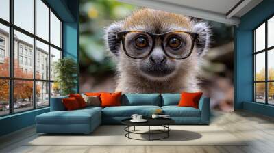 A curious monkey wearing stylish glasses poses for a close-up in a lush forest environment during daylight Wall mural