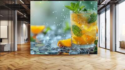 A refreshing drink with orange slices and mint garnished with ice cubes caught in a splash during a sunny afternoon Wall mural