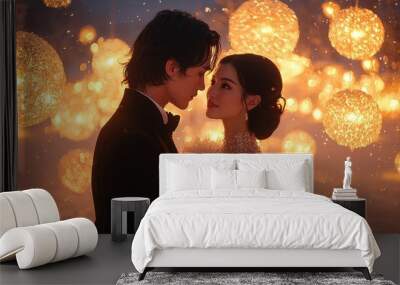 A romantic couple shares a tender moment surrounded by glowing orbs in a winter evening setting Wall mural