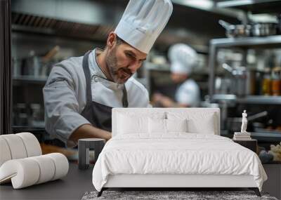 A skilled chef preparing a gourmet dish in a busy kitchen during peak dinner hours Wall mural