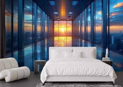 A stunning sunset view from a modern office space with large glass windows in a high-rise building Wall mural