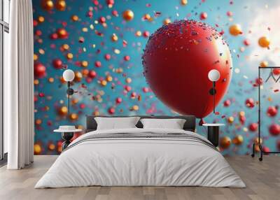 A vibrant red balloon floats against a colorful confetti backdrop in a clear blue sky during a festive celebration Wall mural