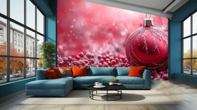 A vibrant red Christmas ornament rests among snowy branches and berries, surrounded by a soft glowing background of festive cheer Wall mural