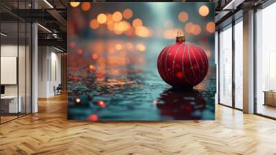 A vibrant red Christmas ornament rests on a rainy street, glowing under festive lights during a winter evening celebration Wall mural