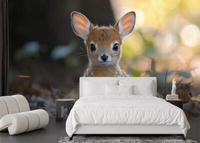 A young fawn gazes curiously while resting among fallen leaves in a sunlit forest setting during early autumn Wall mural