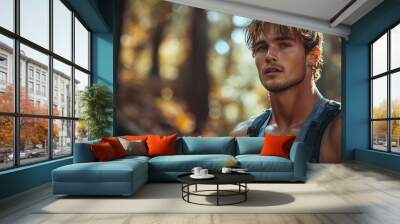 A young man takes a break while hiking through a vibrant forest filled with autumn colors during a sunny afternoon Wall mural