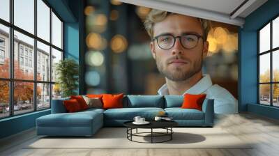 A young man with glasses poses thoughtfully in a modern café filled with soft lighting and a cozy atmosphere Wall mural