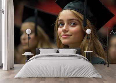 A young woman wearing a graduation cap smiles during the commencement ceremony at an auditorium in the afternoon Wall mural