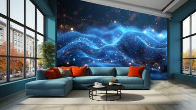 Abstract blue waves with glowing particles in a soft, sparkling environment Wall mural