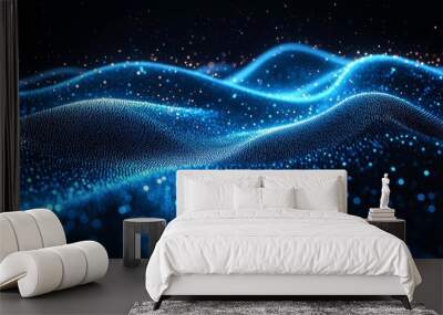 Abstract wave patterns in vibrant blue illuminated with glowing particles create a serene digital landscape at night Wall mural