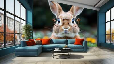 Adorable rabbit wearing glasses poses thoughtfully in a garden setting with colorful flowers during a sunny afternoon Wall mural