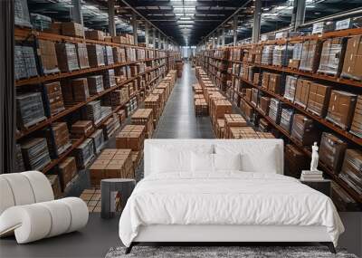 An expansive warehouse filled with neatly stacked boxes and pallets, reflecting an organized storage system during daytime operations Wall mural