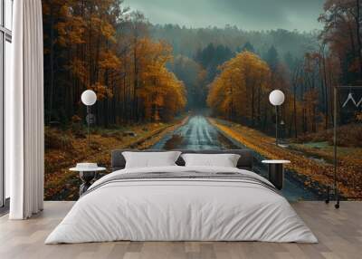 Autumn Rain Showers on a Serene Country Road Surrounded by Golden Trees. Generative AI Wall mural