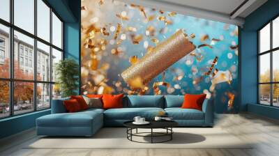 Celebratory confetti bursts around a glittering party popper against a vibrant blue and gold backdrop Wall mural