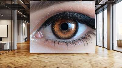 Close-up of an eye with striking orange contact lens featuring bold eyeliner and defined eyelashes in natural light Wall mural