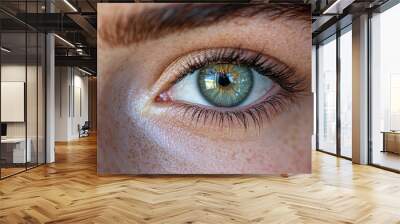 Close-up view of a person's colorful eye with striking details, showcasing vibrant hues and intricate patterns in natural light Wall mural