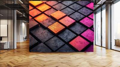 Colorful abstract square pattern with gradient lighting on a textured surface during nighttime Wall mural