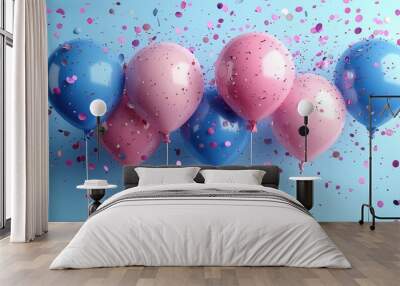 Colorful balloons filled with confetti are floating against a pastel blue background, perfect for celebration decorations in late afternoon light Wall mural