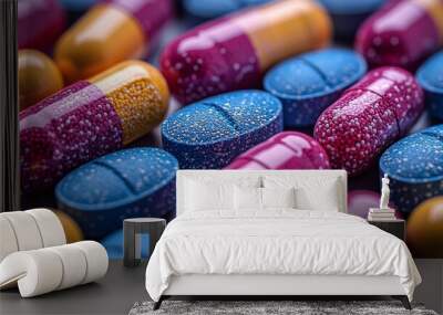 Colorful capsules and tablets scattered on a surface, showcasing various shapes and sizes of medicine in a close-up view Wall mural