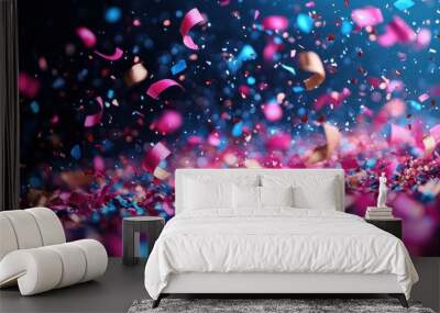 Colorful confetti fills the air during a festive celebration, creating a vibrant and joyful atmosphere at a lively party event Wall mural