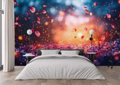 Colorful flower petals drifting through a twilight forest, illuminated by soft orange light during dusk Wall mural