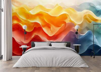 Colorful waves of fabric flow gracefully, creating a dynamic abstract display of orange, red, yellow, and blue hues in a gentle gradient Wall mural