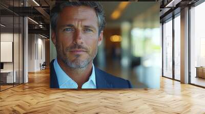 Confident man in a suit poses for a portrait in a modern office hallway during the day Wall mural