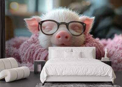 Cute piglet wearing glasses relaxes on a cozy blanket indoors during a calm morning Wall mural