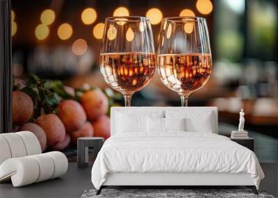 Elegant glasses of sparkling rosé wine paired with fresh peaches on a rustic table with warm blurred lights in the background Wall mural