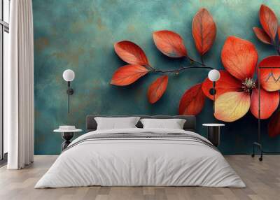 Elegant red and orange leaves with a flower against a textured blue background in an artistic composition Wall mural