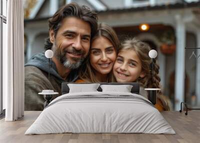 Family enjoying a cozy autumn day outside their home with warm smiles and embracing each other Wall mural