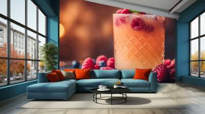 Fresh fruit cocktail with raspberries and blueberries on a dark background during evening hours Wall mural