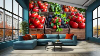 Fresh produce at a local market featuring ripe tomatoes, berries, and herbs arranged in wooden crates on a sunny day Wall mural