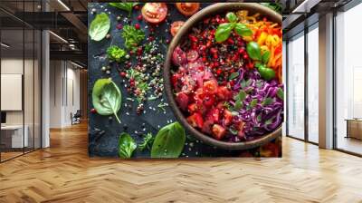 Fresh vegetable salad bowl with tomatoes, peppers, and herbs on a dark background Wall mural