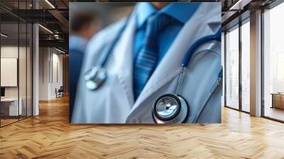 Medical professional in a white coat with a stethoscope, engaged in conversation in a hospital during a busy afternoon Wall mural