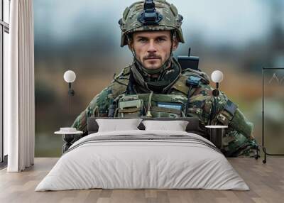 Military Soldier in Tactical Gear Posing During Training Exercise in Natural Environment Wall mural