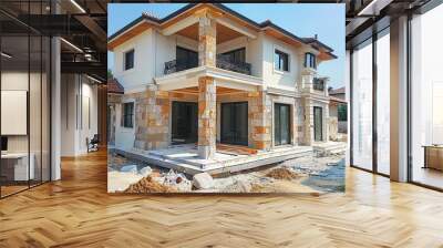 Modern two-story house under construction with stone and plaster facade in a suburban neighborhood during daylight Wall mural