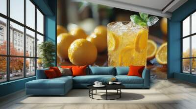 Refreshing citrus drink with ice and mint garnished by fresh oranges on a wooden surface in sunny natural lighting Wall mural