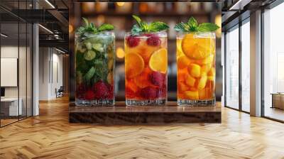 Refreshing summer cocktails with fresh fruits and mint served in glasses at a vibrant bar during evening hours Wall mural