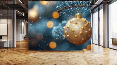 Sparkling golden ornament hanging on a snowy evergreen branch during a festive winter celebration Wall mural